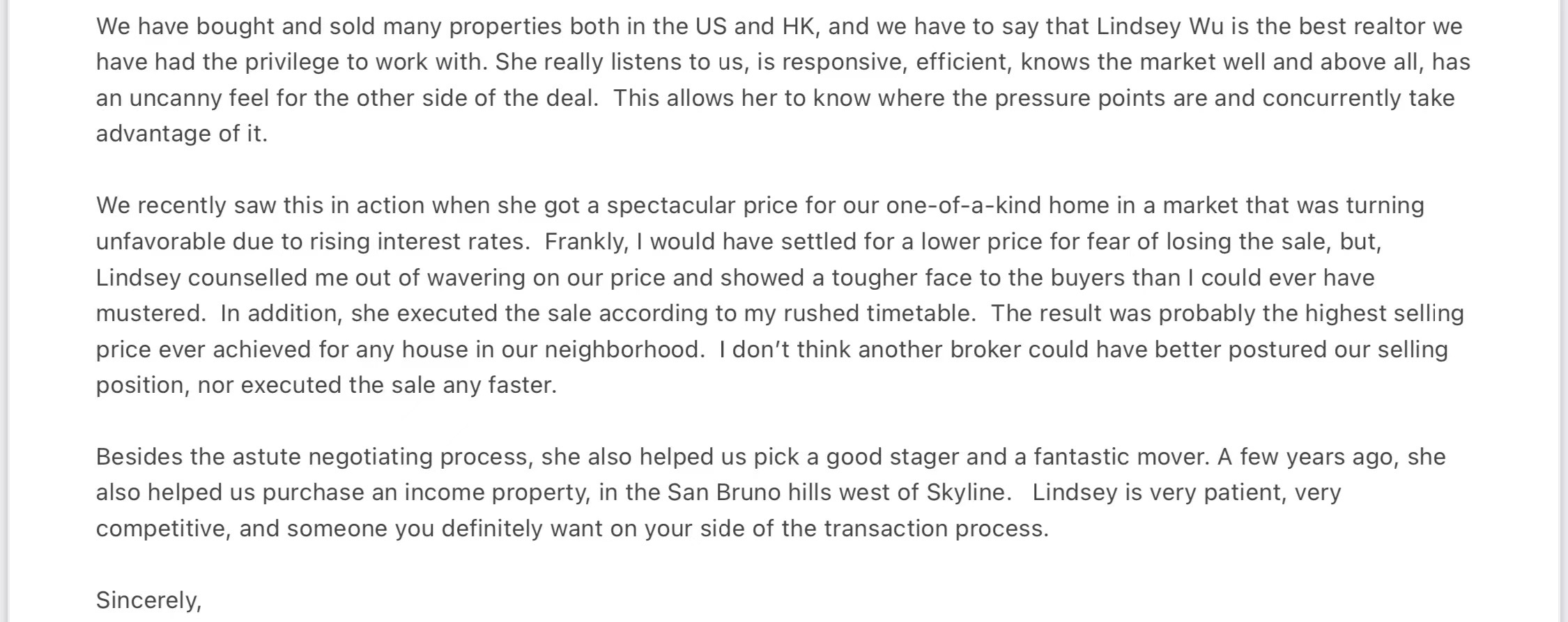 Client testimonial letter excerpt for Lindsey Wu
